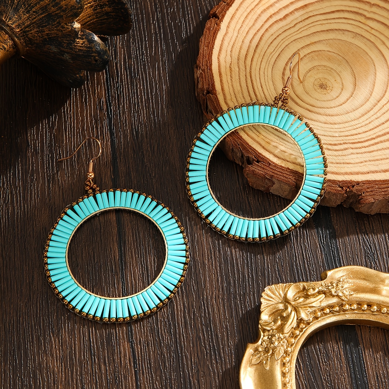 Bohemian Bead Peacock Green Earrings, Handmade